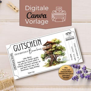 Treehouse Overnight Voucher | Printable Canva Template | Short Break Sleeping in a Tree | Gift Idea for Shared Time