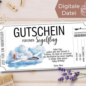Modelo de voucher de planador para imprimir | Voucher de voo turístico de avião | Ideia de presente: Tempo em vez de coisas | Voucher de experiência de voo livre