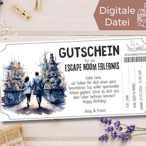 Gutschein Vorlage Labor Escape Room Erlebnis zum Ausdrucken | Geschenkgutschein Rätsel Abenteuer | Erlebnisgutschein für Freunde Escaperoom