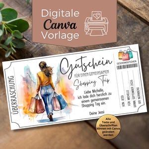Może przedstawiać: Bon upominkowy z akwarelową ilustracją osoby niosącej torby na zakupy. Tekst brzmi "Gutschein für einen gemeinsamen Shopping Trip" i "Digital Canva Vorlage". Bon jest przeznaczony na wycieczkę na zakupy.