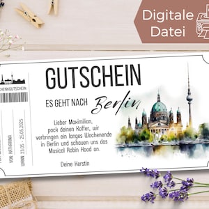 Reisvoucher Berlijn | Vouchersjabloon voor een korte vakantie | Voucher om uit te printen | Cadeaubon vakantie stedentrip