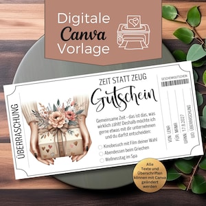 Op de afbeelding: Een digitale Canva-sjabloon cadeaubon met het woord "Gutschein" in grote letters. De bon heeft een aquarel illustratie van een geschenkdoos met bloemen en harten. Tekst bevat opties voor activiteiten en de datum.