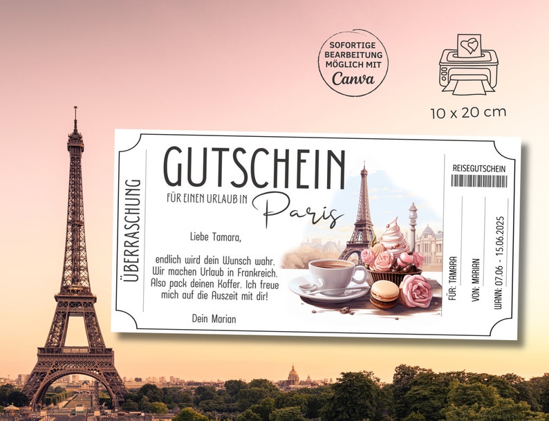 Travel Voucher Paris Voucher Template for a Trip to France Etsy