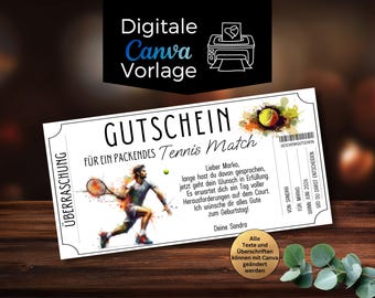 Tennis Match Voucher Template to Print | Digital Gift Certificate | Give the Gift of a Tennis Match | Gift Idea for Playing Tennis