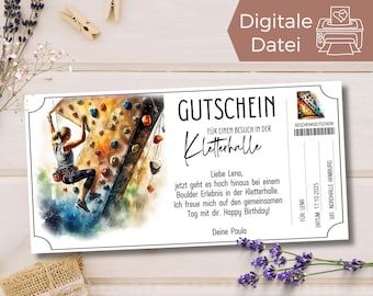 Gutschein Klettern Kletterhalle Vorlage zum Ausdrucken | Geschenkidee Bouldern | Geschenkgutschein Kletterpark Besuch