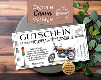 Modèle de bon pour permis moto à imprimer | Chèque-cadeau pour auto-école ou deux-roues | Modèle de bon pour la conception de cyclomoteurs