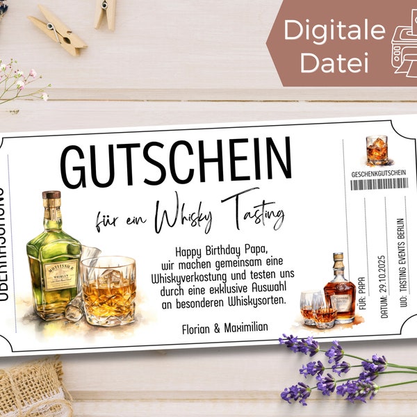 Gutschein Whisky Tasting Vorlage zum Ausdrucken | Gutschein Whiskyverkostung zum Gestalten | Geschenkgutschein Brennerei Besuch