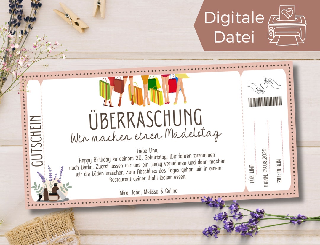 Gutschein Mädelstag Vorlage Gutschein Shoppen zum Ausdrucken