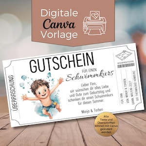 Op de afbeelding: Een witte cadeaubon met de tekst "GUTSCHEIN FÜR EINEN Schwimmkurs" en een cartoon illustratie van een zwemmend kind. De bon bevat de tekst "Digital Canva Vorlage" en andere Duitse tekst.