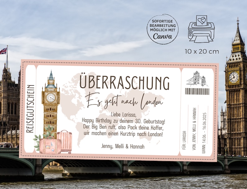 Reisegutschein London Gutschein Vorlage für eine Reise nach England Gutschein Kurztrip zum Ausdrucken Geschenkgutschein Urlaub Bild 2