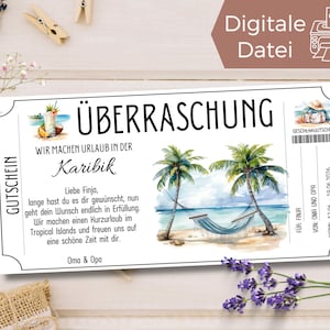 Travel voucher Caribbean | Holiday by the sea palm trees | Voucher for a travel template to print out | Gift voucher beach holiday