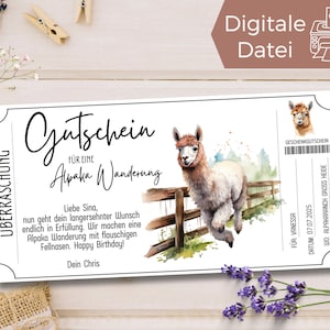 Szablon vouchera na wędrówkę z alpakami do wydrukowania | Voucher upominkowy do zaprojektowania | Voucher na wycieczkę z alpakami
