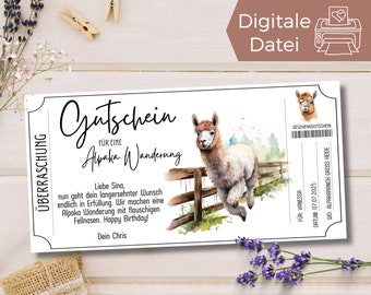 Alpaca hike voucher template to print out | Gift voucher to design | Alpaca hike experience voucher