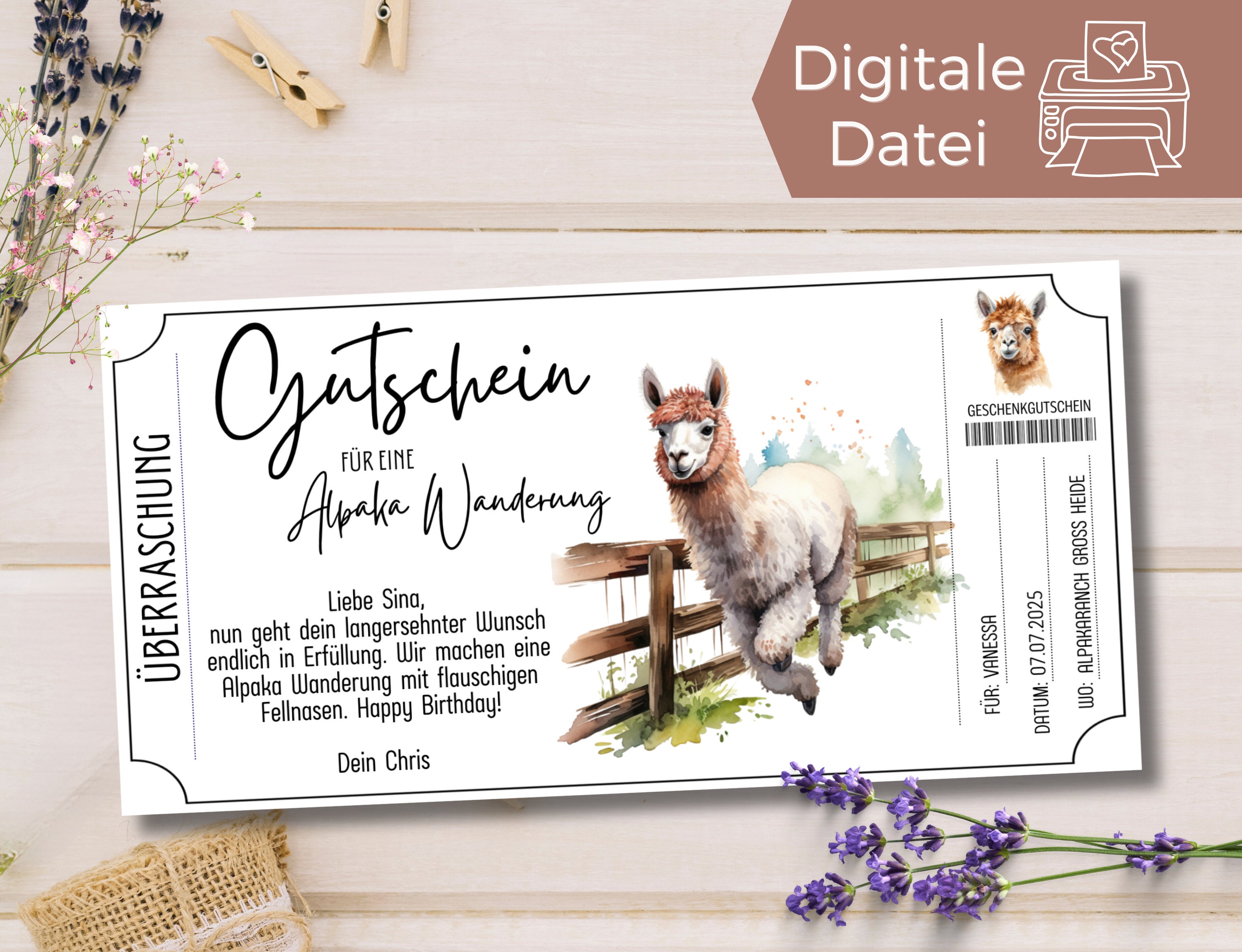 Gutschein Alpakawanderung Vorlage zum Ausdrucken Geschenkgutschein zum