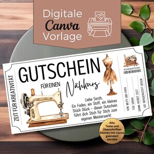 Könnte beinhalten: Ein Gutschein für einen Nähkurs mit Illustrationen einer Nähmaschine und einer Schneiderpuppe. Der Gutschein enthält deutschen Text, mit den Wörtern "Zeit für Kreativität" und "Digitale Canva Vorlage".