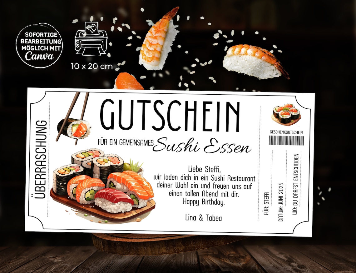Gutschein Sushi Essen gehen Vorlage | Gutscheinvorlage Abendessen ...