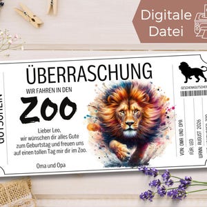 Szablon wizyty w zoo z kuponem lew | Voucher na wycieczkę do zoo do wydrukowania | Bon do parku zwierząt do zaprojektowania | Akwarela w parku Serengeti