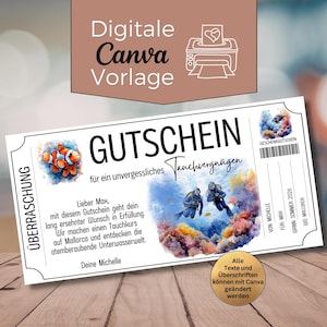 May include: A white gift certificate with the word "GUTSCHEIN" in large black letters. The certificate features watercolor illustrations of a clownfish, scuba divers, and coral. Text includes "Digital Canva Vorlage" and "Alle Texte und Überschriften können mit Canva geändert werden."