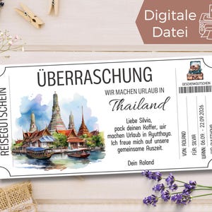 Plantilla de bono de viaje de Tailandia para imprimir | Viaje de vacaciones Bankok | Plantilla de vale para vacaciones en el templo de vacaciones en la playa del sudeste asiático