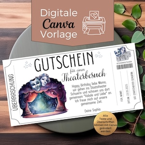 Può includere: Un biglietto teatrale bianco con la scritta "GUTSCHEIN für einen Theaterbesuch" e un'illustrazione ad acquerello di maschere teatrali e un palcoscenico. Il biglietto include il testo "Happy Birthday liebe Mama" e "Deine Sophia".