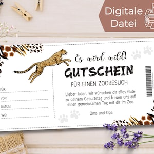 Szablon kuponu na wizytę w zoo | Voucher na wycieczkę do zoo do wydrukowania | Bon do parku zwierząt do zaprojektowania | Bon podarunkowy Lampart