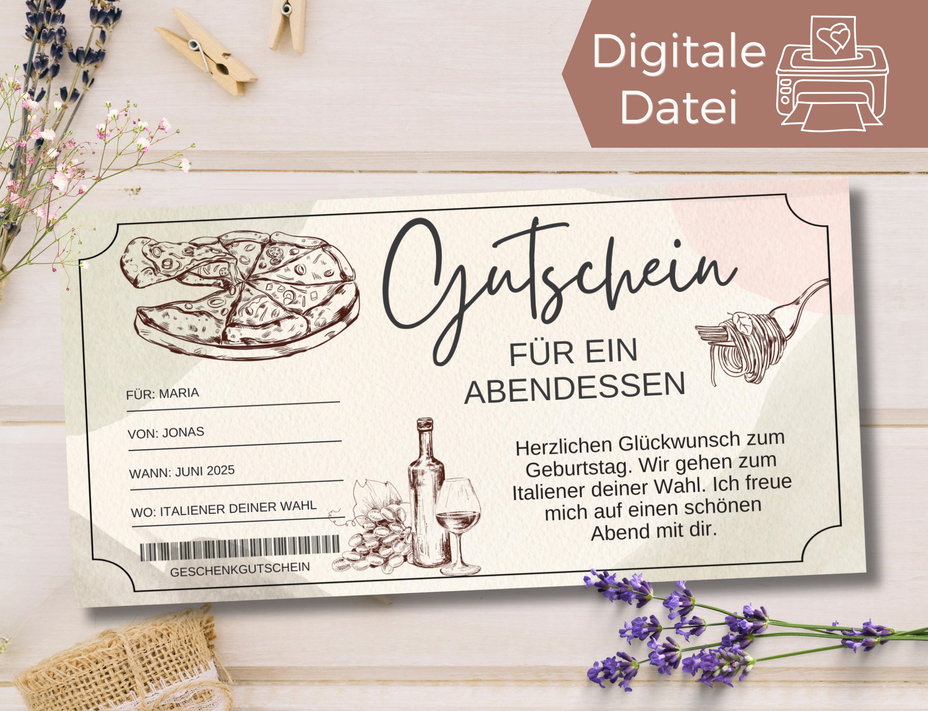 Italian Dining Voucher Template | Italian Dinner Voucher to Print | Pizza Dinner Voucher to Design