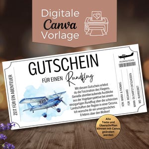 May include: A white gift voucher with the text "GUTSCHEIN" and "FÜR EINEN Rundflug". It features a watercolor illustration of a blue and white airplane. The voucher includes text about a scenic flight experience.