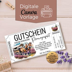 May include: A white gift certificate with the text "GUTSCHEIN" and "Planwagenfahrt" in black. The certificate features an illustration of a horse-drawn carriage in a field of purple flowers. The text "Digitale Canva Vorlage" is at the top.