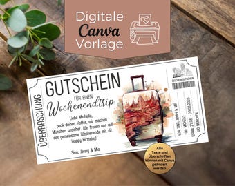 Weekend trip travel voucher | Travel voucher template | Printable city break voucher | Short break gift voucher