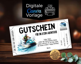 Gutschein Jetski fahren | Canva Vorlage zum Ausdrucken | Digitaler Geschenkgutschein Jetskifahren verschenken | Geschenkidee Wellenreiten
