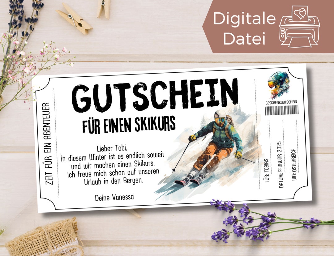 Gutschein Vorlage Ski fahren Geschenkgutschein Skiurlaub Abenteuer