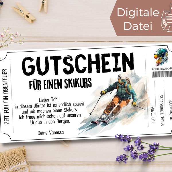 Gutschein Vorlage Ski fahren | Geschenkgutschein Skiurlaub | Abendteuer Gutschein zum Ausdrucken & Gestalten | Erlebnisgutschein Skikurs