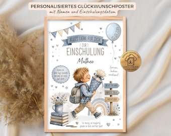 May include: A personalized school enrollment poster featuring a young child with a backpack and a blue cone, surrounded by illustrations of books, a rainbow, and bunting. The text includes 'ALLES LIEBE FÜR DICH ZUR EINSCHULUNG', 'Matheo', and other German phrases.