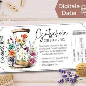 Voucher for time together template hourglass flowers to print | Gift idea for time together | Selection field gift voucher time instead of stuff