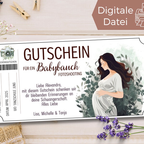 Gutschein Babybauch Fotoshooting Vorlage | Gutschein zum Ausdrucken | Geschenkidee Schwangerschaft Erinnerung | Geschenkgutschein