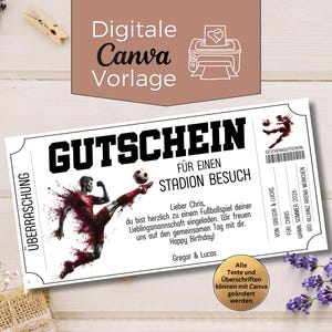 Puede incluir: Un vale de regalo blanco con texto negro y un gráfico de jugador de fútbol. El vale dice "GUTSCHEIN" y "STADION BESUCH". El texto adicional incluye "Happy Birthday!" y "Gregor & Lucas".