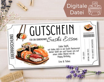 Gutschein Sushi Essen gehen Vorlage | Gutschein Abendessen Sushibar zum Ausdrucken | Gutschein zum Gestalten | Geschenkgutschein