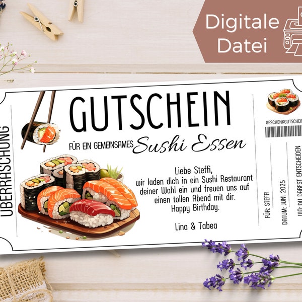 Gutschein Sushi Essen gehen Vorlage | Gutschein Abendessen Sushibar zum Ausdrucken | Gutschein zum Gestalten | Geschenkgutschein