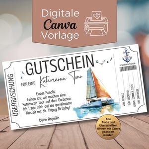 Könnte beinhalten: Ein weißer Gutschein mit deutschem Text, darunter "GUTSCHEIN" und "Katamaran Tour". Er zeigt eine Aquarellillustration eines Segelboots. Der Gutschein enthält den Text "Happy Birthday!" und ist eine Canva-Vorlage.