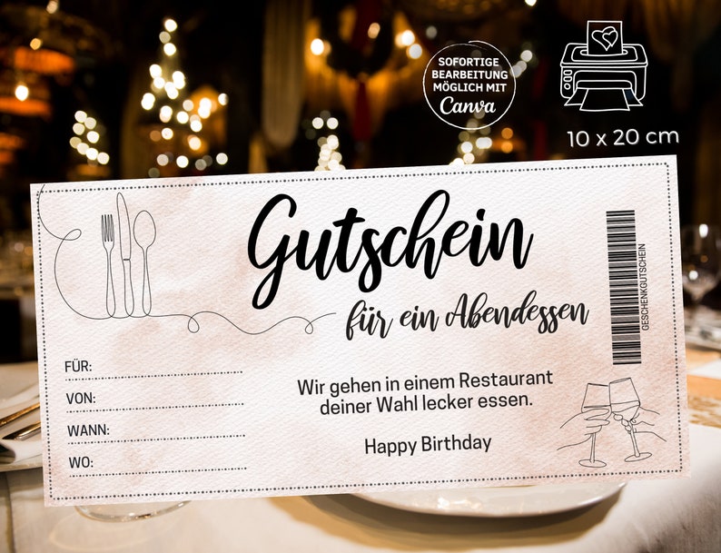 Eating out voucher template to print at home Voucher dinner Voucher restaurant visit to design gift card image 2