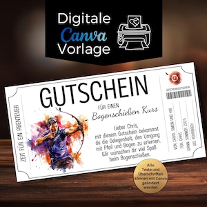May include: A white gift certificate with the text "GUTSCHEIN" and "Bogenschießen Kurs". It features a watercolor illustration of an archer. The certificate includes the text "Zeit für ein Abenteuer" and "Alle Texte und Überschriften können mit Canva geändert werden".