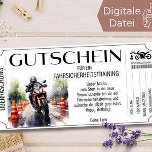 Modello voucher per formazione sulla sicurezza di guida in motocicletta da stampare | Buono regalo lezioni di guida | Allenamento in curva motociclistica per ciclisti principianti