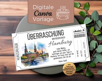 Reisegutschein Hamburg | Digitale Gutschein Vorlage für Kurzurlaub & Städtereise | Canva Vorlage zum Ausdrucken | Geschenkidee Wochenendtrip