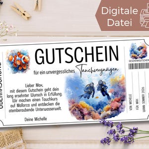 Modello voucher per il piacere delle immersioni | Regalo per immersioni | Corso di immersioni da stampare | Ci immergiamo nel Buono regalo per progettare