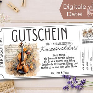 Bono concierto música clásica | Plantilla de música clásica de experiencia de concierto para imprimir | Plantilla de voucher para entrada a concierto de música clásica | violín