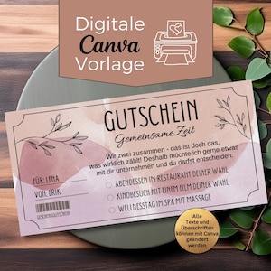 May include: A gift certificate with the text "GUTSCHEIN Gemeinsame Zeit" in German. The certificate has a pink and beige watercolor design with floral accents. The text "Digitale Canva Vorlage" is at the top. The certificate is on a green plate.