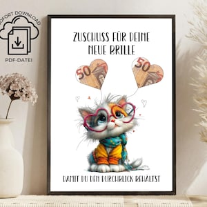 Regalo in denaro stampabile per un nuovo paio di occhiali | Un regalo divertente per l'ottico | Regalo originale in denaro con un gatto | Un regalo per mantenere la vista nitida