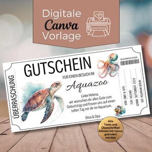 Puede incluir: Un vale de regalo blanco con el texto "GUTSCHEIN" y "Aquazoo" en negro. El vale presenta ilustraciones de acuarela de una tortuga marina, un pulpo y un pez. El texto en la parte superior dice "Digitale Canva Vorlage".