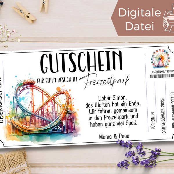 Gutschein Freizeitpark Besuch Vorlage Achterbahn zum Ausdrucken | Gutschein Rummel | Gutschein zum Gestalten | Geschenkgutschein