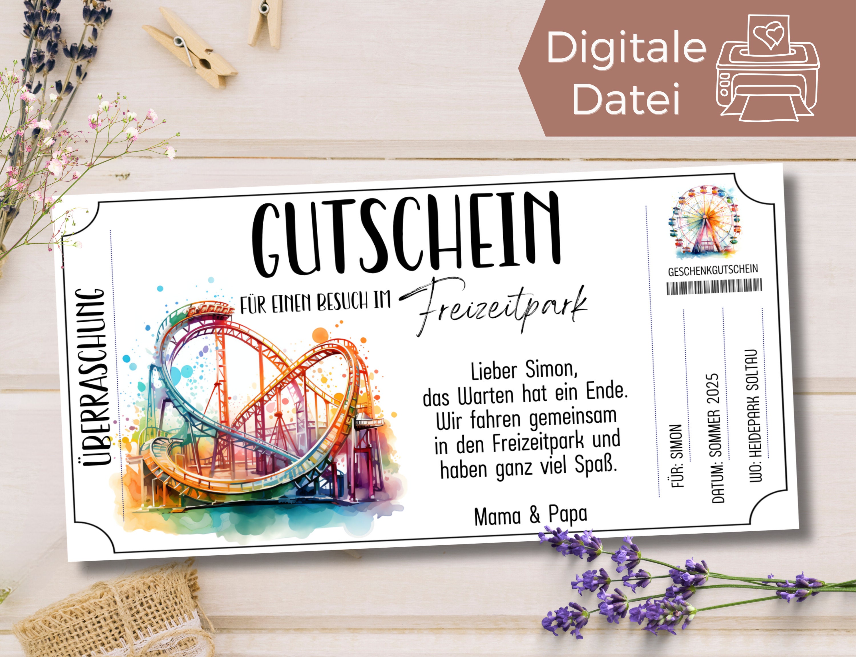 Gutschein Freizeitpark Besuch Vorlage Achterbahn zum Ausdrucken